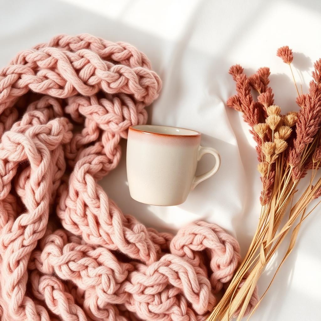 Chunky knit throw and ceramic mug in warm blush tones