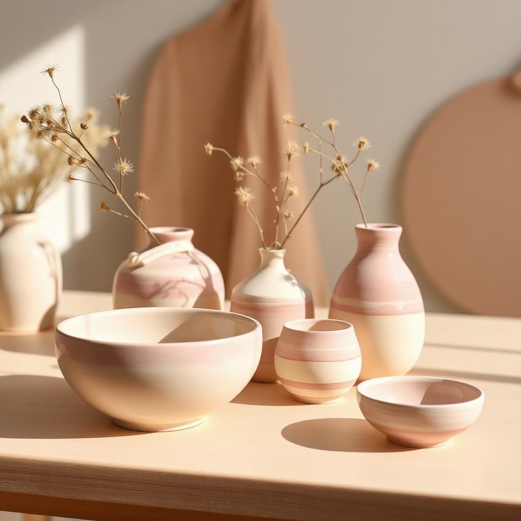 Hand-thrown ceramic vases and bowls in blush tones
