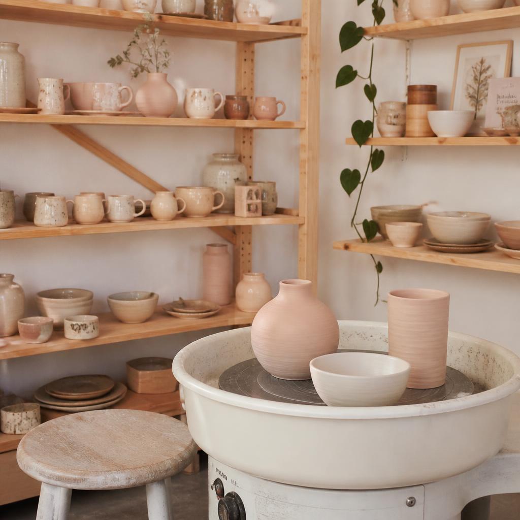 Bright ceramics studio with pottery wheel and hand-thrown pieces on wooden shelves